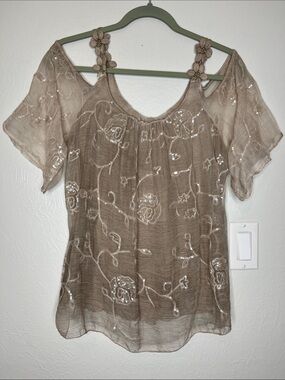 NWT Belle France Silk Blend Sequined Cold Shoulder Blouse - Size M Fairy Boho